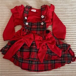 Red Plaid Bow Pinafore Dress with Ruffle Long Sleeve Top